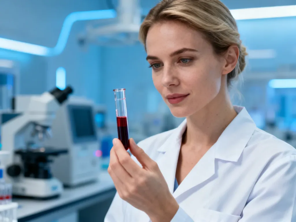 Pracownik laboratorium trzymający fiolkę z próbką krwi w nowoczesnym gabinecie diagnostycznym.