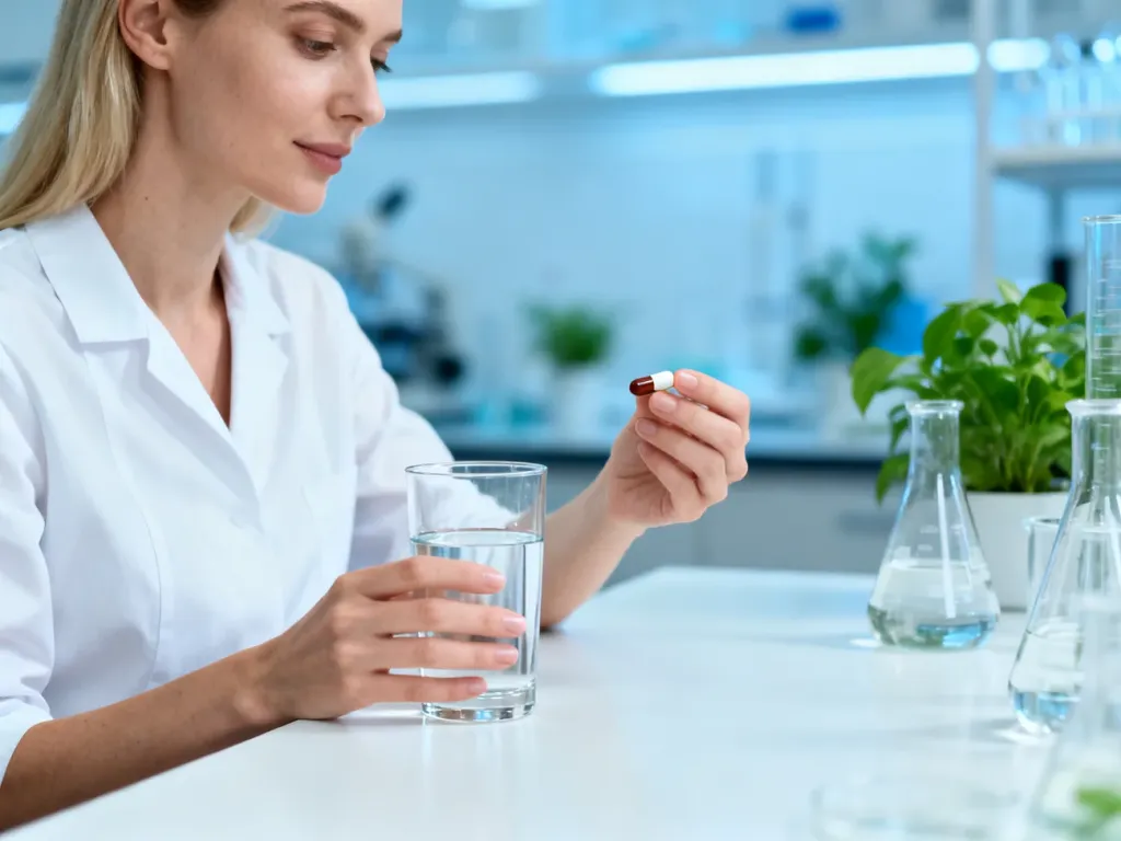 Kobieta przy minimalistycznym biurku trzyma szklankę wody i kapsułkę z suplementem w profesjonalnym, laboratoryjnym otoczeniu.