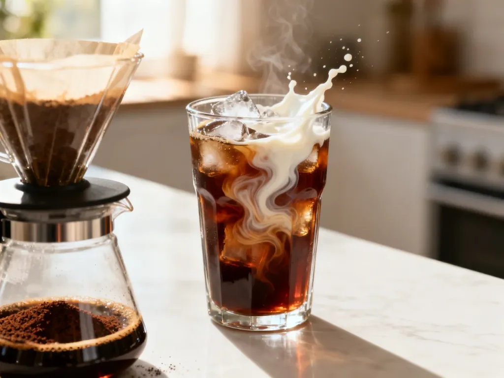 Szklanka cold brew z lodem i mlekiem obok karafki z kawą w jasnej, przytulnej kuchni.