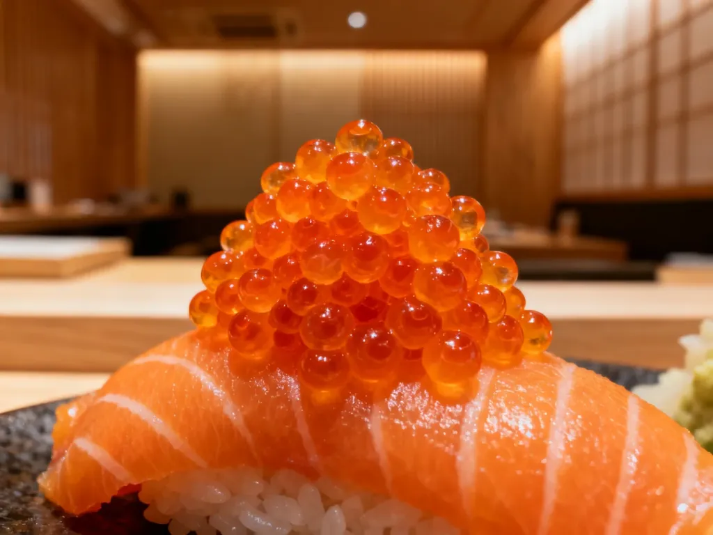 Apetyczne zbliżenie na nigiri z łososiem zwieńczone jaskrawopomarańczową ikrą tobiko w japońskiej restauracji.