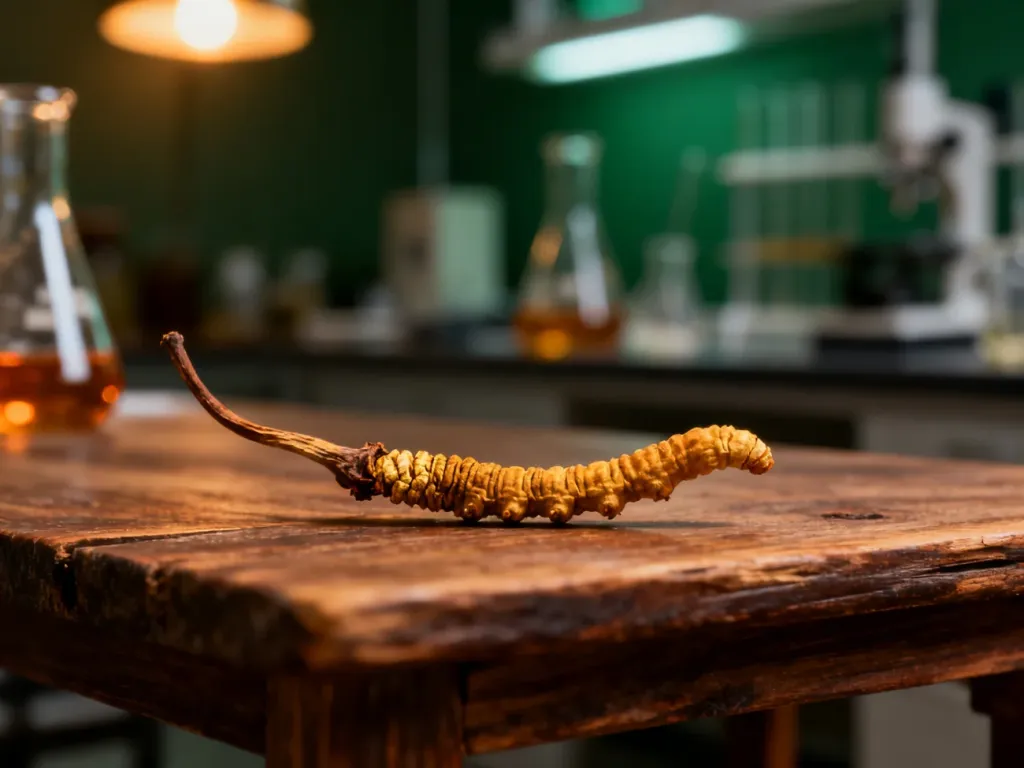 Suszony grzyb Cordyceps na drewnianym stole w otoczeniu laboratoryjnym, podkreślający naturalne pochodzenie i naukowe zastosowanie.